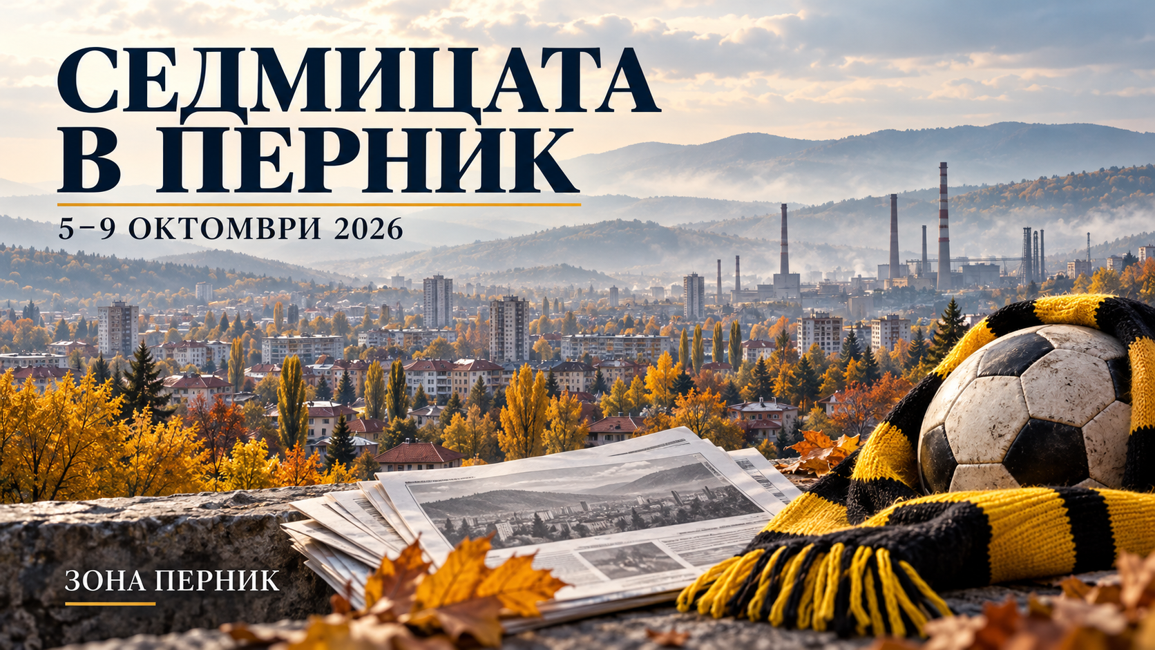 Седмицата в Перник, 5–9 октомври 2026 — илюстрация с градска панорама, вестници и футболна топка.
